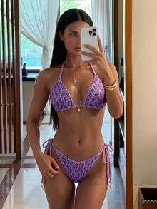 Costavie 2pcs Spring/Summer Beach Vacation Sequin Textured Fabric Faux Pearl Decor Halter Triangle Bikini Top And Side Tie Bikini Bottom Sexy Bikini Set - Purple - View 1