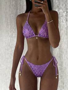 Costavie 2pcs Spring/Summer Beach Vacation Sequin Textured Fabric Faux Pearl Decor Halter Triangle Bikini Top And Side Tie Bikini Bottom Sexy Bikini Set - Purple - View 2