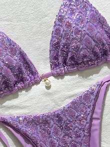 Costavie 2pcs Spring/Summer Beach Vacation Sequin Textured Fabric Faux Pearl Decor Halter Triangle Bikini Top And Side Tie Bikini Bottom Sexy Bikini Set - Purple - View 4