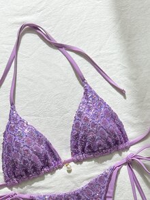 Costavie 2pcs Spring/Summer Beach Vacation Sequin Textured Fabric Faux Pearl Decor Halter Triangle Bikini Top And Side Tie Bikini Bottom Sexy Bikini Set - Purple - View 5