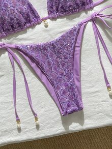 Costavie 2pcs Spring/Summer Beach Vacation Sequin Textured Fabric Faux Pearl Decor Halter Triangle Bikini Top And Side Tie Bikini Bottom Sexy Bikini Set - Purple - View 8