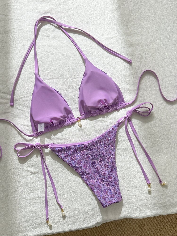 Costavie 2pcs Spring/Summer Beach Vacation Sequin Textured Fabric Faux Pearl Decor Halter Triangle Bikini Top And Side Tie Bikini Bottom Sexy Bikini Set - Purple - View 3