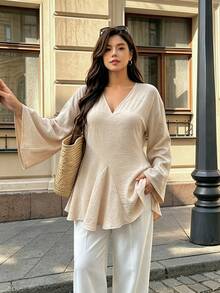 Easura Plus Size Women Gentle Minimalist Loose V-Neck Blouse, Flared Umbrella Hem Design, Commute & Home Wear Plus Size Shirt - Apricot - View 3