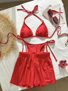 Costavie 2026 Spring/Summer Women Red Spaghetti Strap Halter Shiny High-Cut Tie-Side Bikini Set,Casual Beach Vacation Outfit Bathing Suits High Waisted Short - Burgundy - View 2
