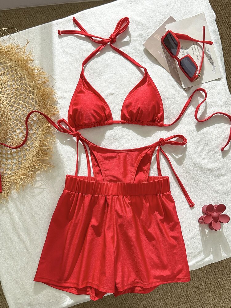 Costavie 2026 Spring/Summer Women Red Spaghetti Strap Halter Shiny High-Cut Tie-Side Bikini Set,Casual Beach Vacation Outfit Bathing Suits High Waisted Short - Burgundy - View 2