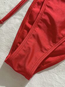 Costavie 2026 Spring/Summer Women Red Spaghetti Strap Halter Shiny High-Cut Tie-Side Bikini Set,Casual Beach Vacation Outfit Bathing Suits High Waisted Short - Burgundy - View 9