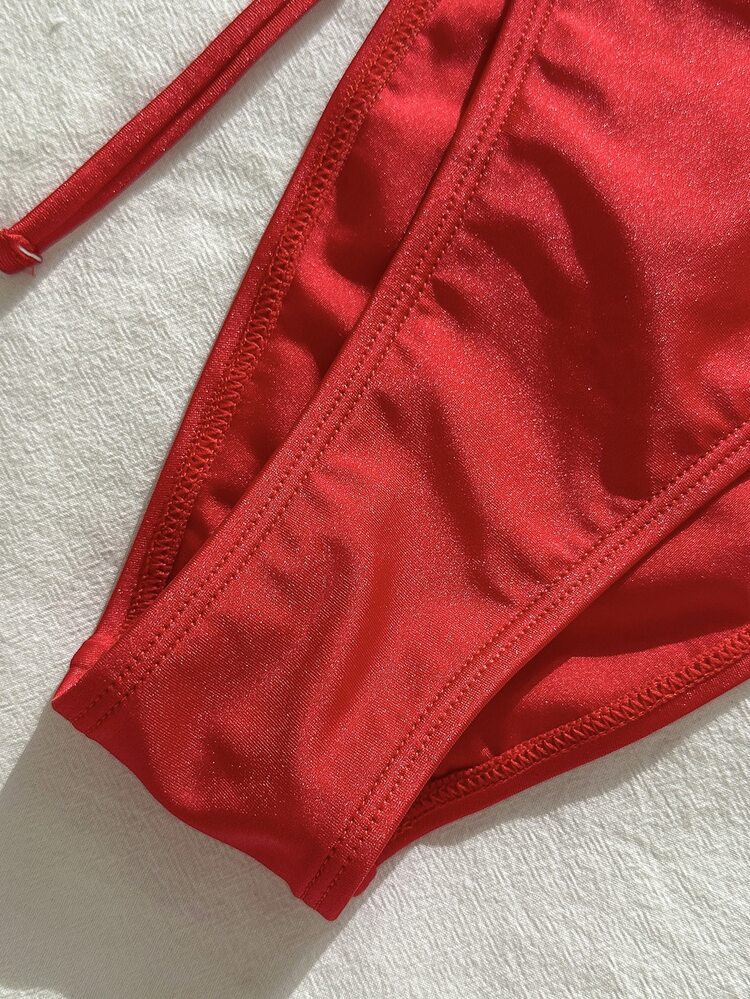 Costavie 2026 Spring/Summer Women Red Spaghetti Strap Halter Shiny High-Cut Tie-Side Bikini Set,Casual Beach Vacation Outfit Bathing Suits High Waisted Short - Burgundy - View 9