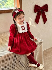Souflis Souflis 女嬰可愛天鵝絨蕾絲領結裝飾公主風聖誕派對洋裝 - 紅色 - 查看 1
