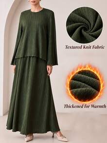 Graceveil Autumn/Winter Dark Green Textured Flare Sleeve Top & Long Skirt Casual Set - Dark Green - View 1
