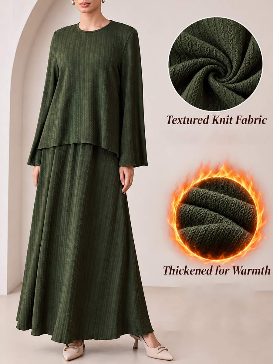 Graceveil Autumn/Winter Dark Green Textured Flare Sleeve Top & Long Skirt Casual Set - Dark Green - View 1