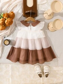SHEIN 1件女嬰休閒漸層拼接短袖洋裝，適合外出、居家休閒與派對 - 彩色 - 查看 2