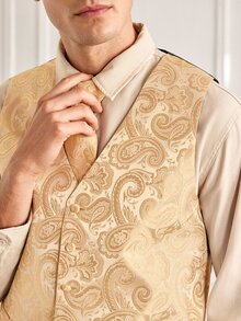 Officeau Men's Champagne Gold Paisley Print Waistcoat, With Tie & Scarf, Tuxedos For Wedding/ Evening/ Prom/ Party - Champagne - View 6