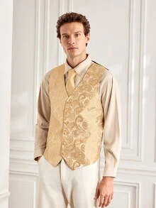 Officeau Men's Champagne Gold Paisley Print Waistcoat, With Tie & Scarf, Tuxedos For Wedding/ Evening/ Prom/ Party - Champagne - View 3