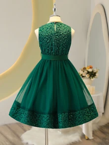 SHEIN Tween Girl's Green Jacquard Mesh Mini Dress, Outfit - Green - View 3