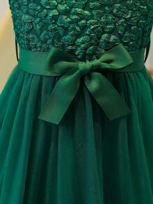 SHEIN Tween Girl's Green Jacquard Mesh Mini Dress, Outfit - Green - View 4