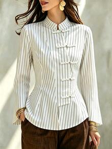SHEIN Women's Early Autumn New Arrival Stand Collar Black & White Striped Long Sleeve Bell Sleeve Frog Button Blouse, Striped Shirt, Frog Button Shirt - White - View 3