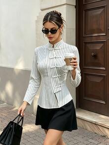 SHEIN Women's Early Autumn New Arrival Stand Collar Black & White Striped Long Sleeve Bell Sleeve Frog Button Blouse, Striped Shirt, Frog Button Shirt - White - View 5