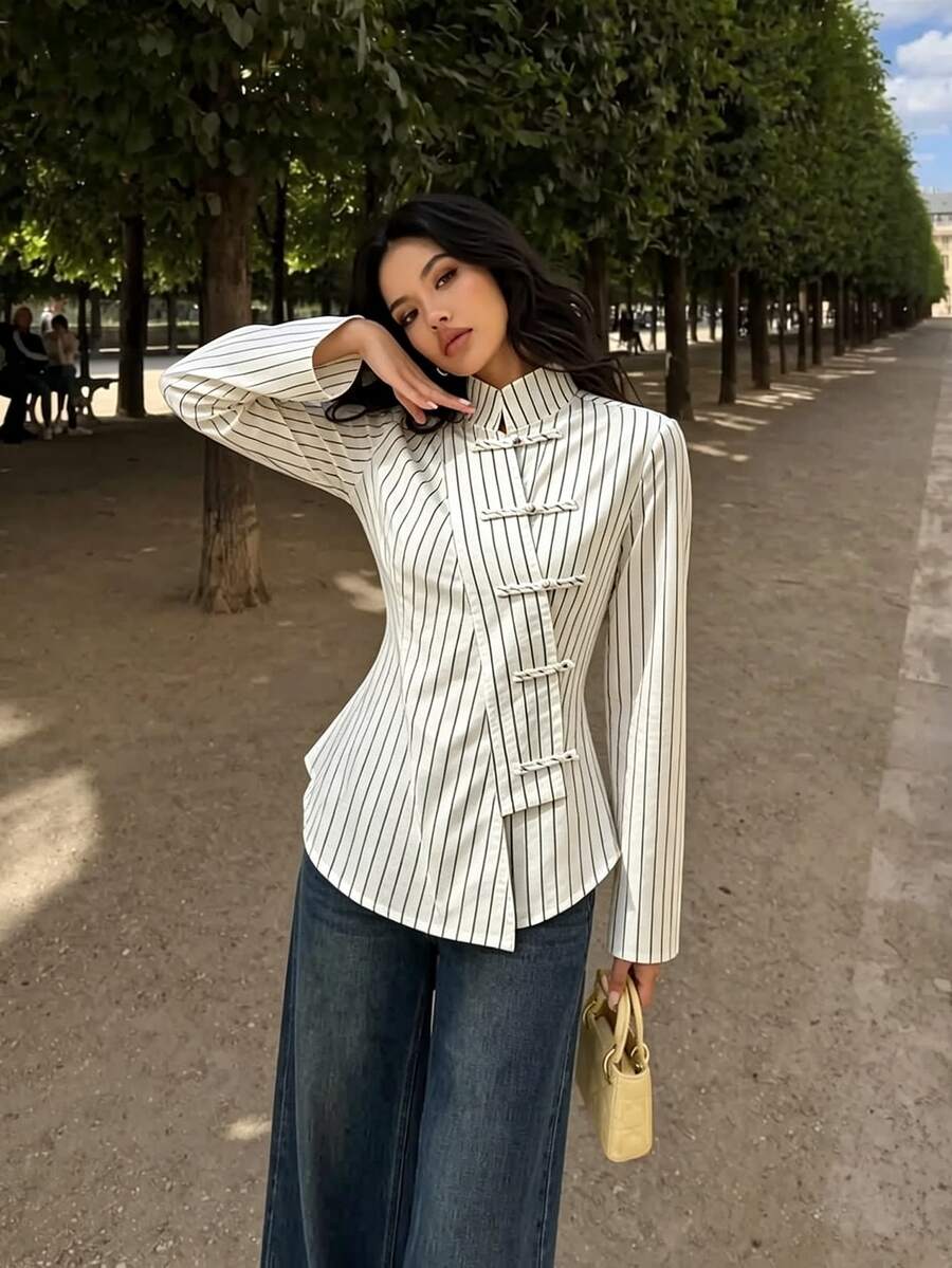 SHEIN Women's Early Autumn New Arrival Stand Collar Black & White Striped Long Sleeve Bell Sleeve Frog Button Blouse, Striped Shirt, Frog Button Shirt - White - View 1