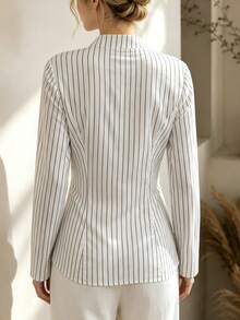 SHEIN Women's Early Autumn New Arrival Stand Collar Black & White Striped Long Sleeve Bell Sleeve Frog Button Blouse, Striped Shirt, Frog Button Shirt - White - View 2