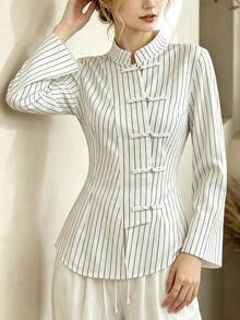 SHEIN Women's Early Autumn New Arrival Stand Collar Black & White Striped Long Sleeve Bell Sleeve Frog Button Blouse, Striped Shirt, Frog Button Shirt - White - View 8