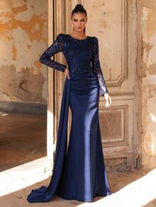 Aureia Sequin Mesh Patchwork Long Sleeve Flowy Design Elegant Mother Of The Bride Dress Wedding - Navy Blue - View 3