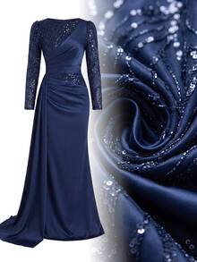 Aureia Sequin Mesh Patchwork Long Sleeve Flowy Design Elegant Mother Of The Bride Dress Wedding - Navy Blue - View 9