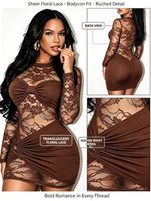 BamGleam Women's Designer Sexy Lace Short Dress Suitable For Club Night Out Halloween Concerts Outings Layered Date Nights Birthdays Brown Floral Autumn - Brown - View 8