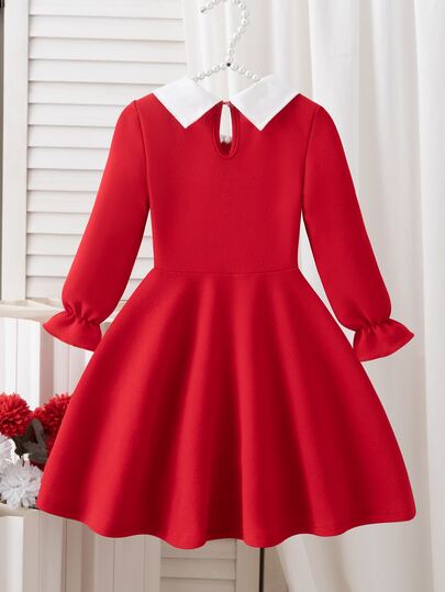 Young Girl) Pearl Long Sleeve Dress, Red Body With White Collar, Long Sleeve With Cuffed Bell Ruffle Cuffs, Pearl Embellished Hem, Suitable For Daily School, Sister Gatherings, Parties, Photo Shoots, Visiting Friends And Family, Nearby Outings, Spring And Autumn Wear, Festive And Elegant
