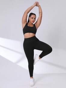 SHEIN Rhythm Era 女款加大码宽腰运动紧身裤瑜伽裤 - 黑色 - 查看 5