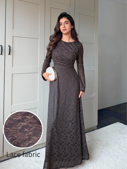 Veilorie Robe longue de soirée élégante pour femme, col rond, plissée, taille cintrée