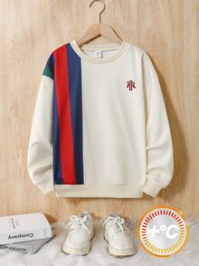 SHEIN 兒童青少年男孩休閒極簡長袖寬鬆加厚套頭運動衫，適合秋冬穿著 - 杏色 - 查看 3