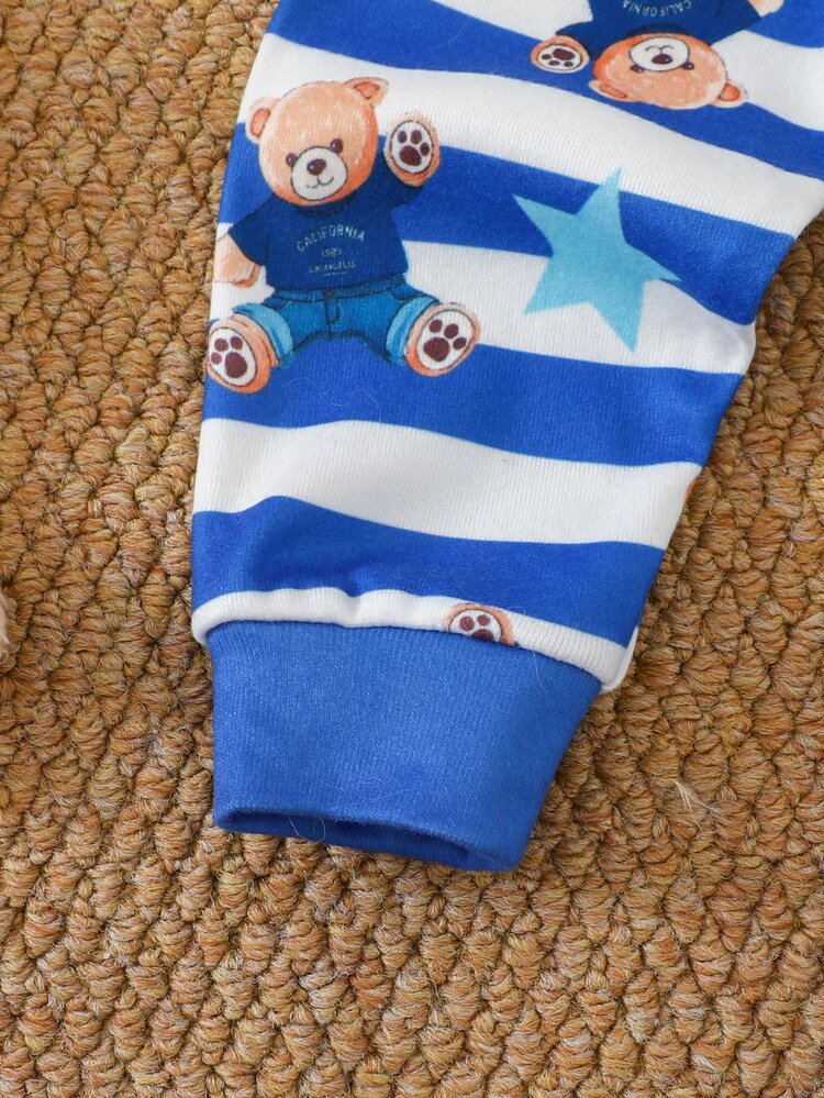 SHEIN Set Piyama Bayi Laki-laki Pas Badan, Motif Beruang Garis-garis Kartun, Atasan Pullover Lengan Panjang Leher Bulat Lembut Rajutan Blok Warna dan Celana Panjang Pinggang Elastis, Set 2 Potong - Blue and White - View 4
