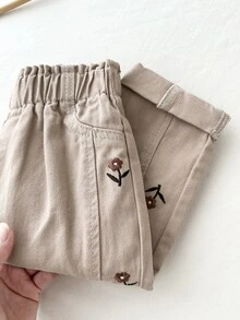LMoss Kids 女嬰秋冬休閒款柔軟可愛保暖花朵刺繡卡其色丹寧收腳牛仔褲，內裡刷毛，適合日常穿著 - 卡其色 - 查看 7