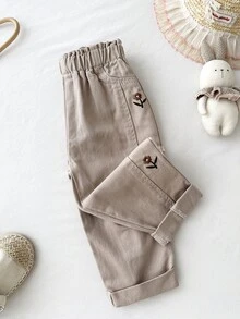 LMoss Kids 女嬰秋冬休閒款柔軟可愛保暖花朵刺繡卡其色丹寧收腳牛仔褲，內裡刷毛，適合日常穿著 - 卡其色 - 查看 6