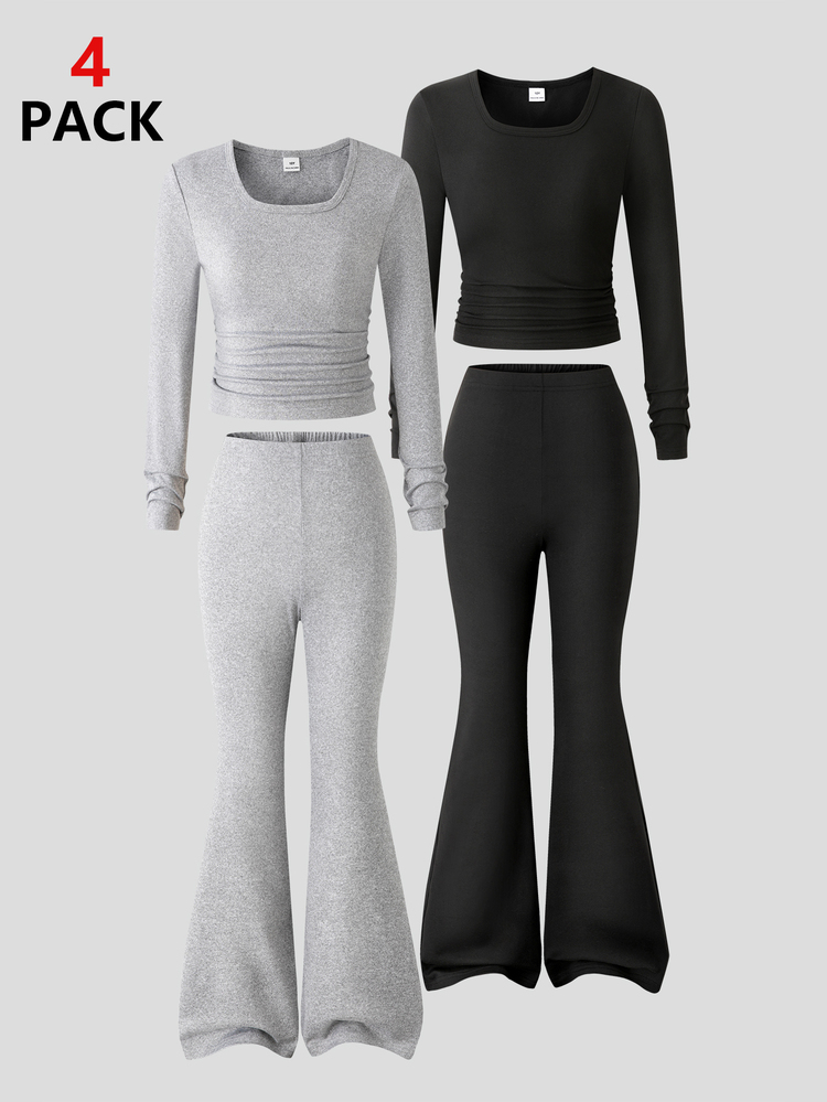 SHEIN Sparklyn Tween Girls Fall Style Solid 4-Piece Matching Co-Ord Set: Square Neck Ruched Long Sleeve T-Shirt And High Waisted Slim Fit Rib Knit Flare Pants - Multicolor - View 3
