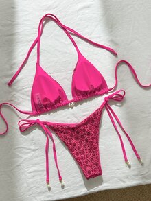 Costavie Swim Basics 2件式泳衣套裝，亮面紋理面料，珍珠裝飾，掛脖三角比基尼上衣與側綁比基尼褲，性感亮粉色 - 玫紅色 - 查看 2