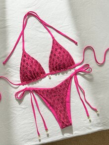 Costavie Swim Basics 2件式泳衣套裝，亮面紋理面料，珍珠裝飾，掛脖三角比基尼上衣與側綁比基尼褲，性感亮粉色 - 玫紅色 - 查看 5