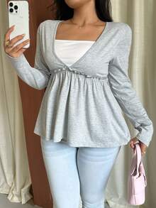 GalTyme Plus Size Women's 2 In 1 Frill Trim Long Sleeve Casual T-Shirt - Grey - View 3