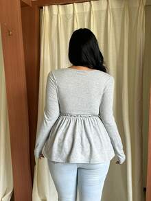 GalTyme Plus Size Women's 2 In 1 Frill Trim Long Sleeve Casual T-Shirt - Grey - View 2