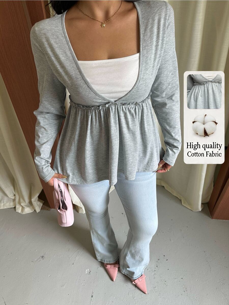 GalTyme Plus Size Women's 2 In 1 Frill Trim Long Sleeve Casual T-Shirt - Grey - View 1