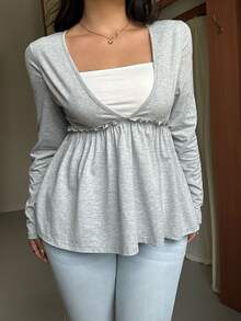 GalTyme Plus Size Women's 2 In 1 Frill Trim Long Sleeve Casual T-Shirt - Grey - View 5