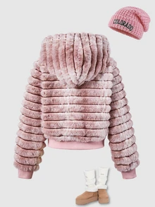 SHEIN Girls Faux Fur Jacket Children's Rabbit Fur Fleece Coat Gradient Striped Fleece Top Hooded Fleece Jacket Fall Winter Thickened Children's Clothing Gir - Dusty Pink - View 2