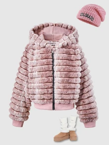 SHEIN Girls Faux Fur Jacket Children's Rabbit Fur Fleece Coat Gradient Striped Fleece Top Hooded Fleece Jacket Fall Winter Thickened Children's Clothing Gir - Dusty Pink - View 3
