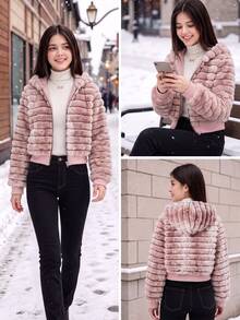 SHEIN Girls Faux Fur Jacket Children's Rabbit Fur Fleece Coat Gradient Striped Fleece Top Hooded Fleece Jacket Fall Winter Thickened Children's Clothing Gir - Dusty Pink - View 9