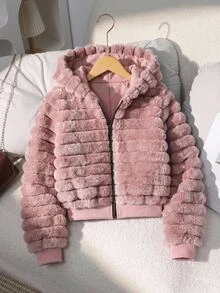 SHEIN Girls Faux Fur Jacket Children's Rabbit Fur Fleece Coat Gradient Striped Fleece Top Hooded Fleece Jacket Fall Winter Thickened Children's Clothing Gir - Dusty Pink - View 1