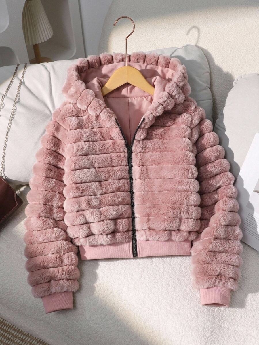 SHEIN Girls Faux Fur Jacket Children's Rabbit Fur Fleece Coat Gradient Striped Fleece Top Hooded Fleece Jacket Fall Winter Thickened Children's Clothing Gir - Dusty Pink - View 1