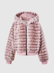 SHEIN Girls Faux Fur Jacket Children's Rabbit Fur Fleece Coat Gradient Striped Fleece Top Hooded Fleece Jacket Fall Winter Thickened Children's Clothing Gir - Dusty Pink - View 7