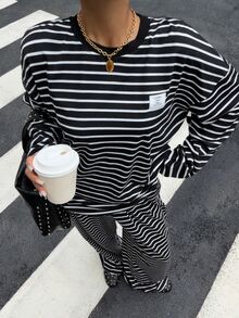 Muchica 女款黑色條紋針織字母拼接落肩長袖T恤與長褲套裝 - 黑色 - 查看 4