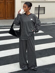 Muchica 女款黑色條紋針織字母拼接落肩長袖T恤與長褲套裝 - 黑色 - 查看 3