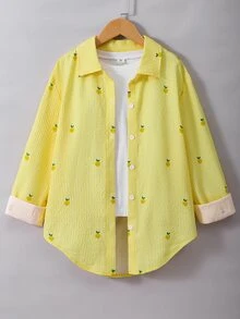 SHEIN 青少年女孩秋季上衣 白色與黃色鳳梨刺繡長袖襯衫，甜美秋季日常可愛，適合學校、休閒、度假 - 黃色 - 查看 4